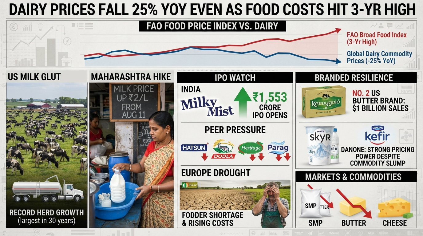 Dairy prices fall 25% yoy even as food costs hit 3-yr high