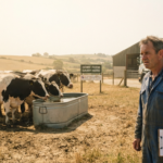 A concerned dairy farmer holding a clipboard near cows gathering at a water trough during dry summer conditions, highlighting UK milk supply pressure.