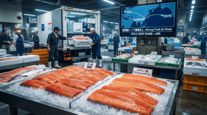 Fish market with salmon and workers.