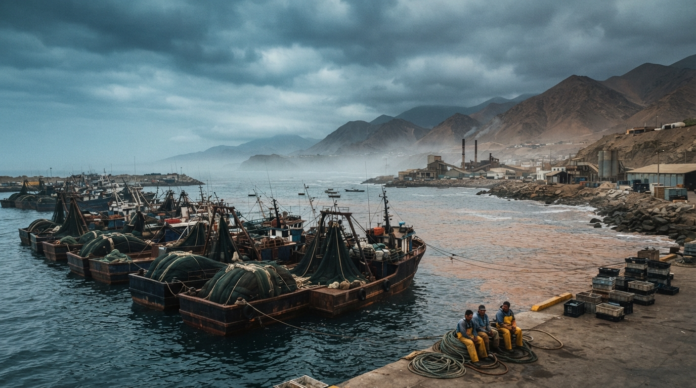 Fishing boats docked in misty harbor