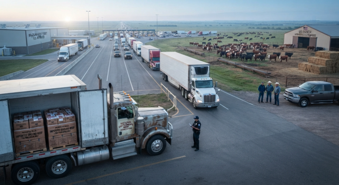 Trucks lined up near cattle farm