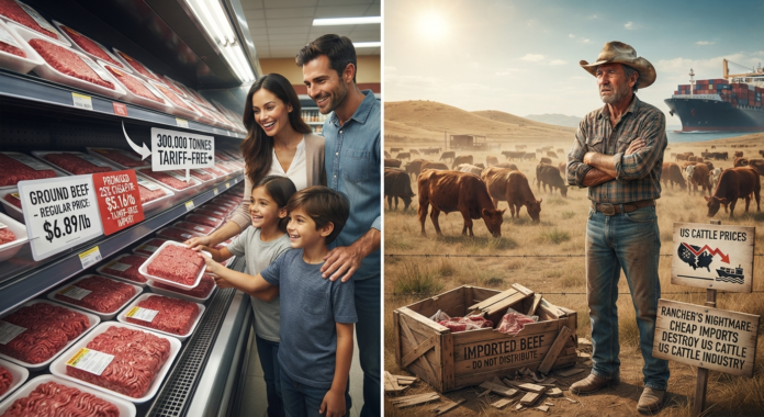 A split-screen realistic photo showing a family looking at discounted ground beef in a grocery store on the left, and an American cattle rancher standing with crossed arms in a dry pasture with a container ship in the background on the right.