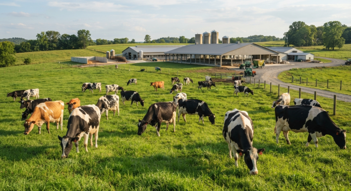 Cows grazing in a green pasture.