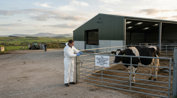 Veterinarian inspecting cow on farm