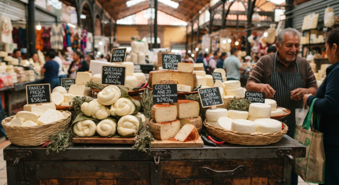 Cheese display at a vibrant market