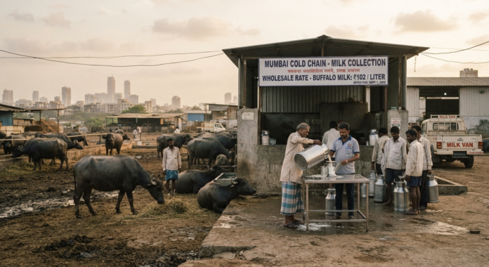Milk collection center with buffaloes nearby