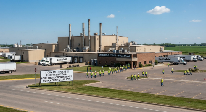 Pork plant operational with workers outside.