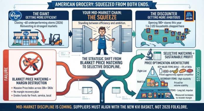 Infographic illustrating the American grocery squeeze between Kroger and Aldi, highlighting mid-market pricing architecture, Key Value Items (KVIs), and selective matching strategies.