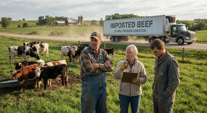 Farmers discussing cattle near highway.