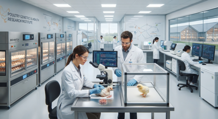 Researchers studying poultry genetics in lab