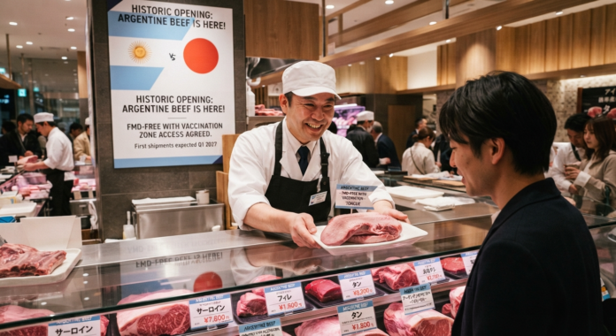 Man presenting Argentine beef in store