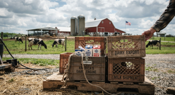 Dairy farm with milk crates and cows