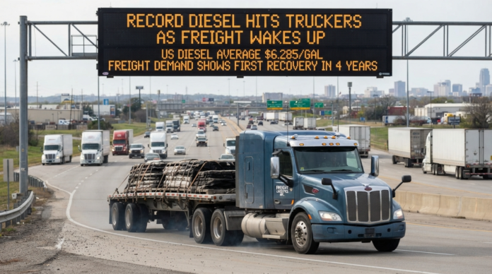Truck on highway with diesel price sign