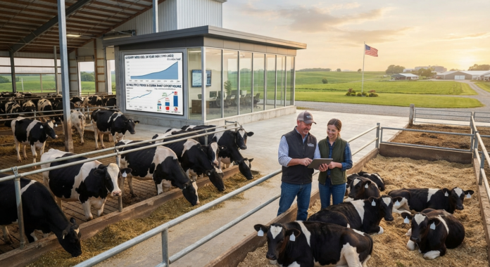 Farmers discussing dairy management strategies.
